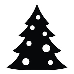Black silhouette of a decorated Christmas tree with white circles on a white background decoration