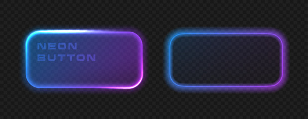 Neon blue purple glowing button. Light rectangle frame set, UI digital game banner vector design