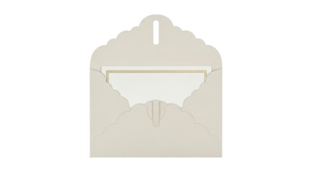 Elegant scalloped envelope with gold-framed card isolated PNG, stationery for invitations and greetings on transparent background