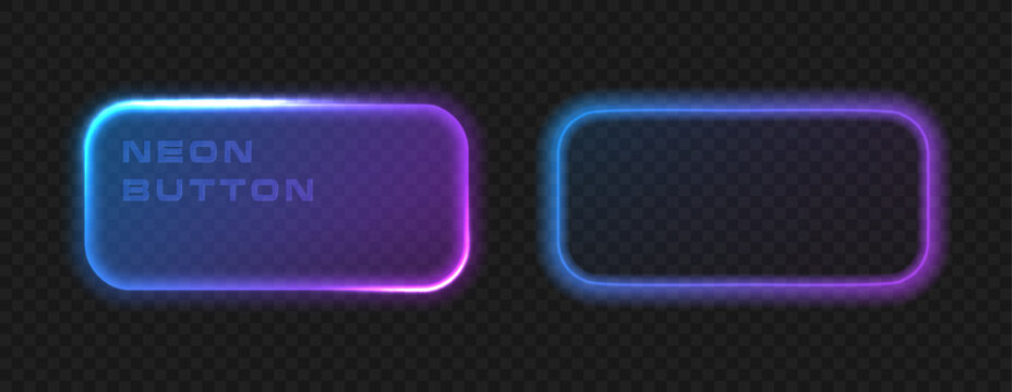 Neon blue purple glowing button. Light rectangle frame set, UI digital game banner vector design