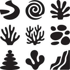 Marine life inspired black and white minimalistic vector graphics elements