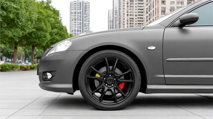 Sleek black sports car with stylish alloy wheels parked on modern urban street, showcasing dynamic design and contemporary architecture in the background, emphasizing automotive elegance and performan