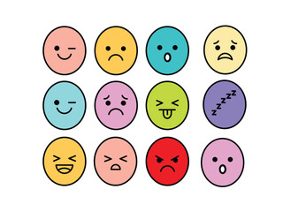 Colorful Vector Emoji Faces Showing Different Emotions (Set of Cute Expressions). happy face, sad face, angry emoji