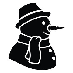 Christmas Black Silhouette of a Snowman Wearing a Hat and Scarf with Carrot Nose and Button Eyes black and white