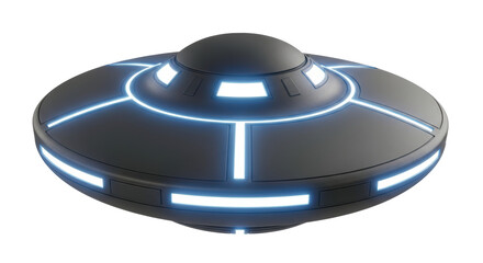 Sleek gray UFO with glowing blue lights isolated PNG, futuristic spaceship for science fiction and...