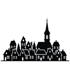 Obraz premium Christmas Black Silhouette of a Village with Houses and a Church on White Background town