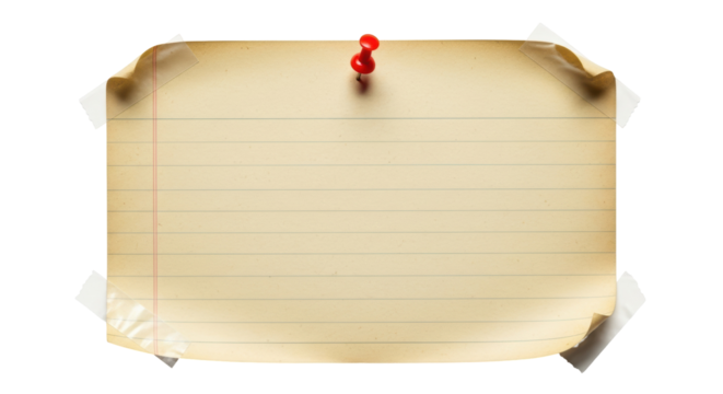 Lined paper note with red push pin isolated PNG, vintage memo with tape on transparent background for design and scrapbooking use - Powered by Adobe