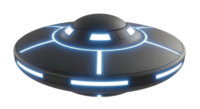 Sleek gray UFO with glowing blue lights isolated PNG, futuristic spaceship for science fiction and extraterrestrial themes