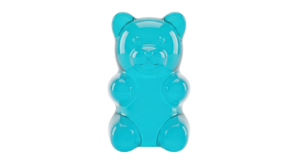 Translucent turquoise gummy bear isolated PNG, sweet candy treat for kids and adults on transparent background