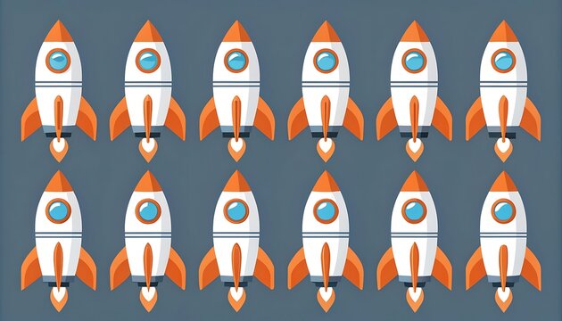 A colorful pattern of repeating cartoon rockets against a blue background - Powered by Adobe