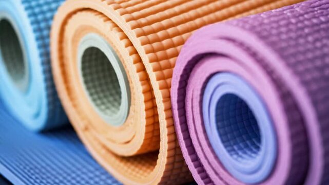 Video A collection of yoga mats laid out in a studio setting, ideal for fitness and wellness concepts