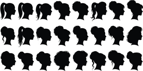Female silhouette collection, hairstyle profile icons, women avatars, hair bun, ponytail, curly hair, vector shadows, beauty diversity, salon style guide, minimalist black heads, Adobe Stock SEO