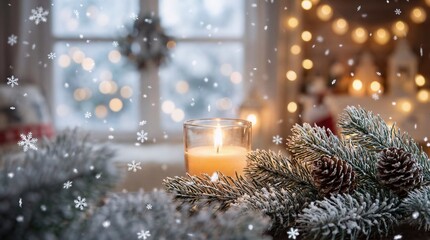 Christmas tree and candle decorations with snow and gold ornaments for winter holiday celebration