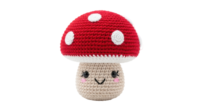 Adorable red and white mushroom amigurumi PNG isolated on transparent background, cute crochet toy for kids and whimsical decor