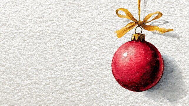 Watercolor painting of a red christmas ornament with a golden bow, isolated on white background