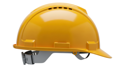 Yellow construction hard hat PNG isolated on transparent background, safety helmet for construction site and industrial work