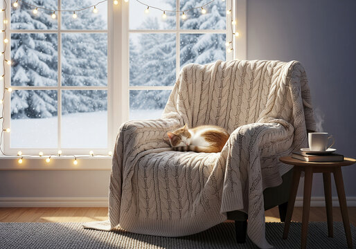 Cozy winter living room with cat