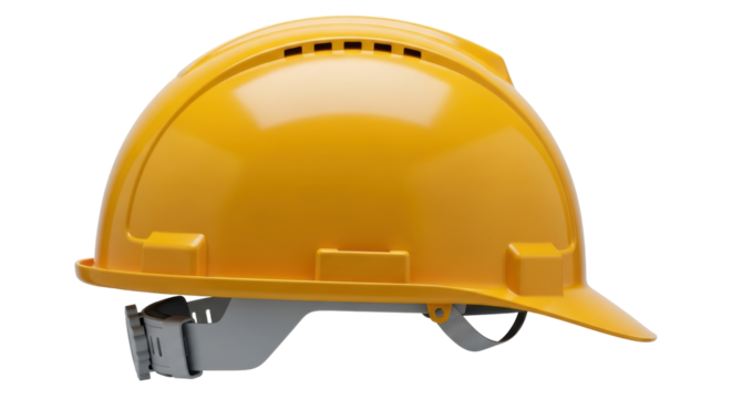Yellow construction hard hat PNG isolated on transparent background, safety helmet for construction site and industrial work