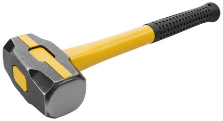 Heavy duty sledge hammer PNG isolated on transparent background, demolition tool with yellow handle and textured grip for construction work