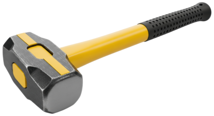 Heavy duty sledge hammer PNG isolated on transparent background, demolition tool with yellow handle and textured grip for construction work