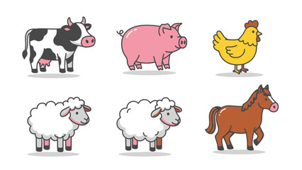 Fototapeta premium Farm Animals Cartoon Vector Illustration Set of Livestock Collection