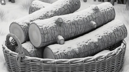 Basket full of snow covered wooden logs ready for a winter fire