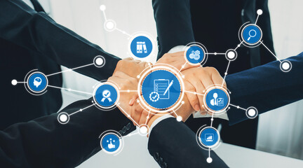 A group of professional hands coming together symbolizes unity and collaboration in a network, representing shared goals, teamwork, and innovative strategies in a business environment. Amity