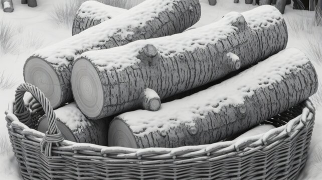 Basket full of snow covered wooden logs ready for a winter fire