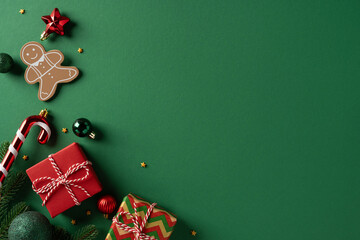 Obraz premium Festive Christmas scene with a gingerbread man, candy cane, and neatly wrapped gifts on a deep green background. Perfect for holiday, celebration, season, greeting, and seasonal gift ideas