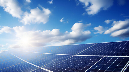 Blue solar panels gleam under sunny sky. Renewable energy, eco branding, presentation background.