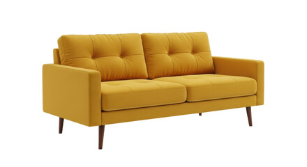 Modern mustard yellow loveseat isolated PNG, contemporary two-seater sofa with tufted cushions for living room furniture design