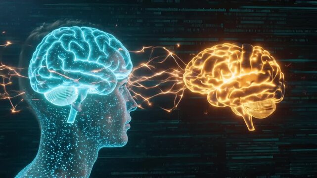 Artificial intelligence brain animation. Futuristic human brain interface concept. Robotic system. Intellectual programming of future human. AI Digital background. Motion design 4k
