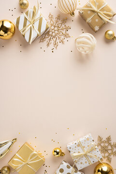 Fototapeta Elegant vertical gold gifts, ornaments, and snowflake decor frame a warm Christmas and NewYear scene
