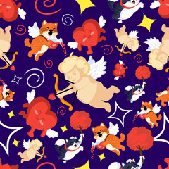 Seamless dark purple Valentine pattern with cats, hearts, love arrows, and sparkles.
