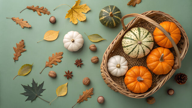 Transport yourself to the autumn harvest ambiance with this top-down capture. Ripe pumpkins and quintessential fall elements showcased against dark green isolated backdrop, inviting text or ads - Powered by Adobe