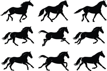 Fototapeta premium Collection of nine black horse silhouettes in various running poses