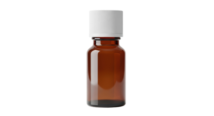 Amber glass bottle with white cap isolated PNG, essential oil container for aromatherapy and natural medicine on transparent background