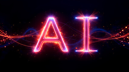 AI Neon Sign: Artificial Intelligence Glowing Letters on Black Background with Futuristic Light Streaks & Sparkles - Tech Concept