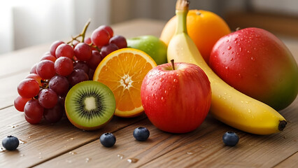 fresh fruits on a wooden table