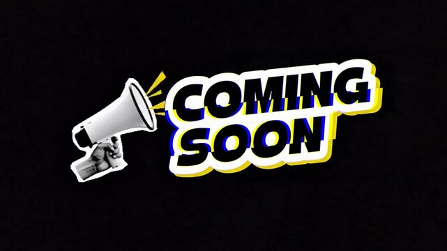 Dynamic coming soon announcement graphic with megaphone illustration, generating excitement and anticipation for upcoming events, product launches, or grand reveals in a modern, engaging style 4K Moti