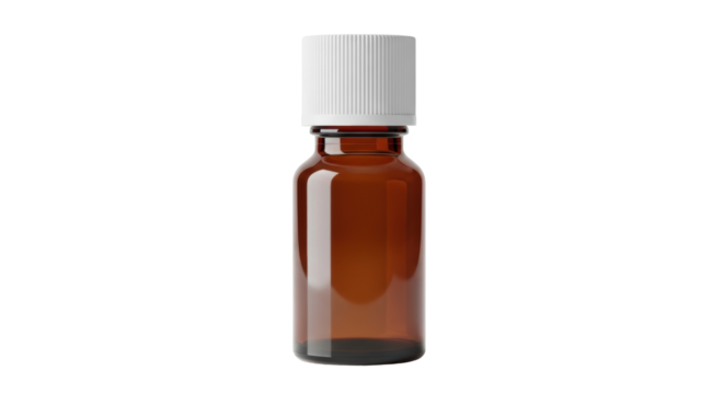 Amber glass bottle with white cap isolated PNG, essential oil container for aromatherapy and natural medicine on transparent background
