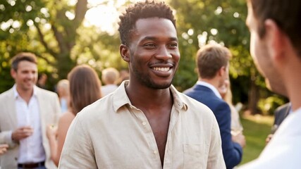 Friends gather for lively conversation at a summer garden party in the late afternoon