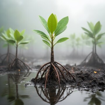 Young mangrove seedling with exposed prop roots growing in dark wet soil and water