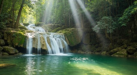 Sunlight beams pierce dense jungle canopy illuminating cascading tiered waterfall flowing into emerald pool
