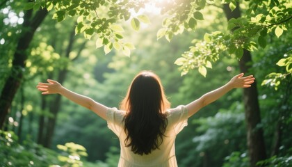 Woman with outstretched arms embracing sunlight filtering through vibrant green forest leaves and trees