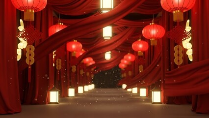Obraz premium Chinese Lanterns Red Curtains Path
