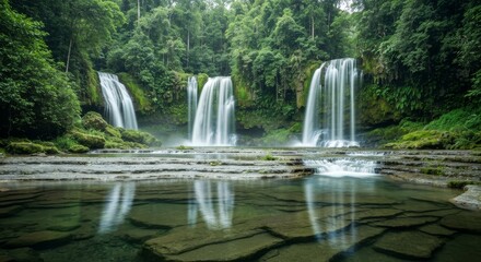 Multiple cascading waterfalls plunge into a clear jungle pool with submerged flat rocks visible
