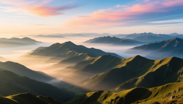 Rolling green mountain ridges vanish into thick valleys filled with morning fog under a pastel sky