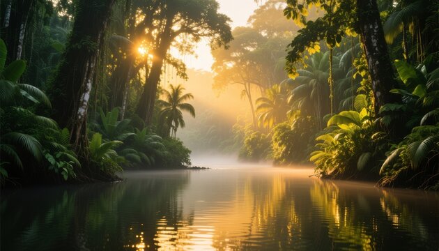 Sunrise over a misty jungle river winding through dense tropical rainforest foliage