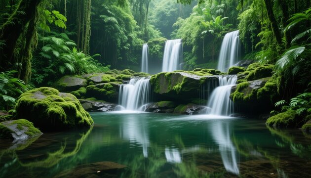Lush tropical rainforest scene with multiple cascading waterfalls flowing over moss covered rocks into clear water